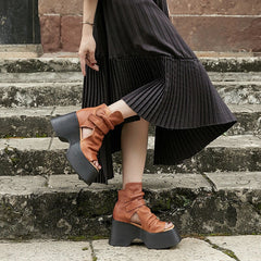 Genuine Chunky Sandals Peep Toe Gladiator Sandals Ankle Strap Summer Boots