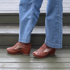 Sandalias de gladiador tejidas a mano con cuñas retro con punta abierta