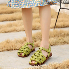 Designer Summer Shoes Genuine Gladiator Sandals Knit Retro Flats Coffee/Brown