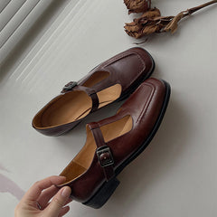 Handmade T-strap Mary Jane Square Toe Retro Sandals Black/Brown