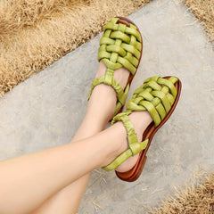 Designer Summer Shoes Genuine Gladiator Sandals Knit Retro Flats Coffee/Brown