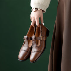 Handmade Block T-strap Mary Jane Round Toe Retro Sandals