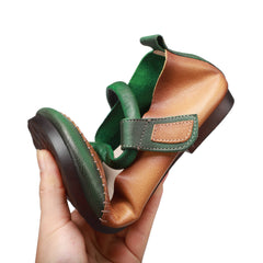 Sandalias Mary Jane planas con velcro, estilo retro, hechas a mano, de punta redonda, color amarillo/verde