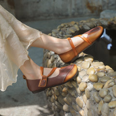 Sandalias Mary Jane planas con velcro, estilo retro, hechas a mano, de punta redonda, color amarillo/verde