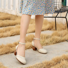 Handgemachte Pumps Mid Heel Mary Jane Sandalen Runde Zehen Retro Schnalle Sandalen Schwarz/Beige