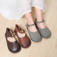 Middle English Handgefertigte flache Mary Jane Retro-Sandalen mit runder Zehenpartie