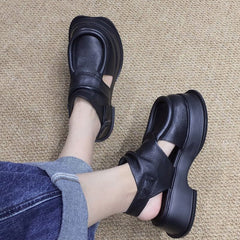 Echte Plateau Slingback Sandalen Seitlicher Knopf Retro Blockabsatz