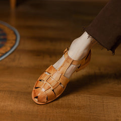 Zapatos de pescador de diseñador, sandalias de gladiador auténticas, zapatos retro de punto suave con hebilla gruesa