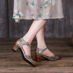 Handgemachte Pumps Mid Heel Mary Jane Sandalen Spitzzehe Retro Sandalen Grau/Kaffee