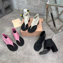 Block Heel Summer Boots Toe Post Thong Sandals Side Zipper Bootie