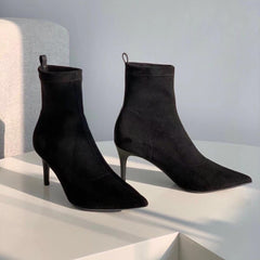 Botas clásicas de punta puntiaguda, botas de tacón alto elásticas de ante