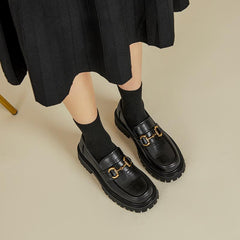 Mocasines gruesos a cuadros con plataforma auténtica, punta redonda, cadena de metal, sin cordones, hechos a mano