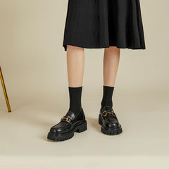 Mocasines gruesos a cuadros con plataforma auténtica, punta redonda, cadena de metal, sin cordones, hechos a mano