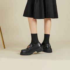 Mocasines gruesos a cuadros con plataforma auténtica, punta redonda, cadena de metal, sin cordones, hechos a mano