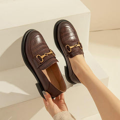 Retro Chunky Loafers Weiche Plaid Echte Plattform Schuhe Runde Zehe Metall Kette