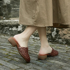 Woven Slippers Block Heel Mules Summer Slippers
