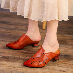 Retro Style Pointed-Toe Mules Block Heels Coffee/Grey