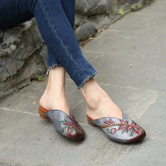 Handgemachte Hausschuhe Stickerei Blumen Flats Loafers Grau/Camel