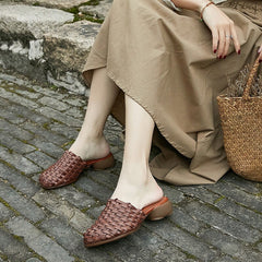 Woven Slippers Block Heel Mules Summer Slippers