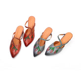 Retro Style Embroidery Pointed-Toe Mules Block Heels Coffee/Grey