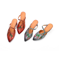 Retro Style Embroidery Pointed-Toe Mules Block Heels Coffee/Grey