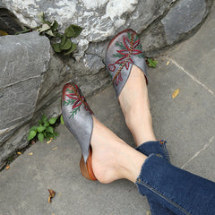 Handgemachte Hausschuhe Stickerei Blumen Flats Loafers Grau/Camel