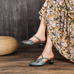 Retro Style Embroidery Pointed-Toe Mules Block Heels Coffee/Grey