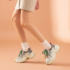 Chunky Sneakers Cow Mesh Retro Casual Shoes Platform Lace-Up Trainers