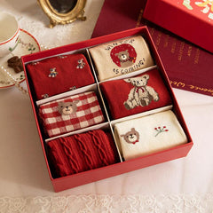 Roter Bär Retro Baumwollstrümpfe Wadenlang Weihnachtsgeschenke Serie 6 Paar