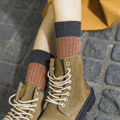 Retro-Baumwollstrümpfe im Colorblocking-Design, lockere Mori-Girl-Socken, wadenlang, für Herbst/Winter, 5 Farben