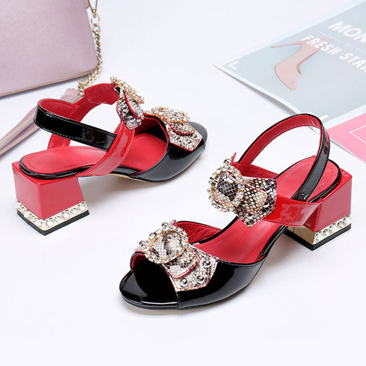 Snake Print Bow Square Heel Open Toe Sandals