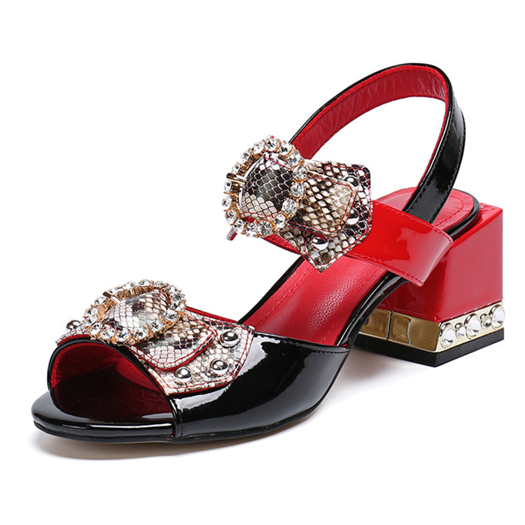 Snake Print Bow Square Heel Open Toe Sandals