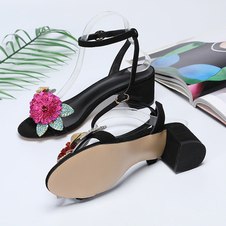 Crystal Sequin Flower Black Suede Heel Ankle Strap Rhinestone Summer Sandals