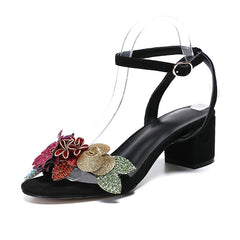 Sandalias de verano con tacón de ante negro, lentejuelas y flores, con tiras en el tobillo y diamantes de imitación