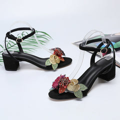 Crystal Sequin Flower Black Suede Heel Ankle Strap Rhinestone Summer Sandals