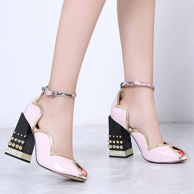 Sweet Pink Patent Leather Block Heel Studded Open Toe Pumps