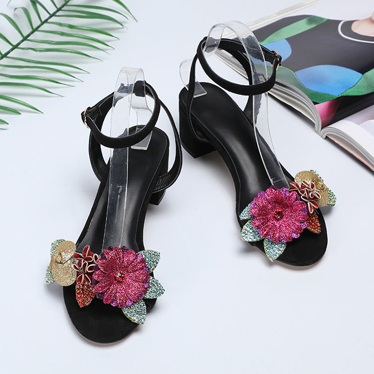 Crystal Sequin Flower Black Suede Heel Ankle Strap Rhinestone Summer Sandals