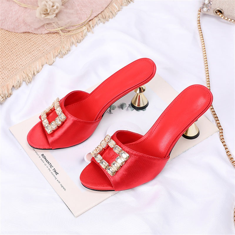 Rhinestone Square Buckle Embellished High Heel Sandals