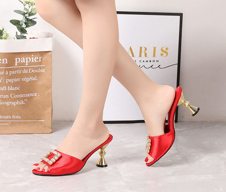 Rhinestone Square Buckle Embellished High Heel Sandals