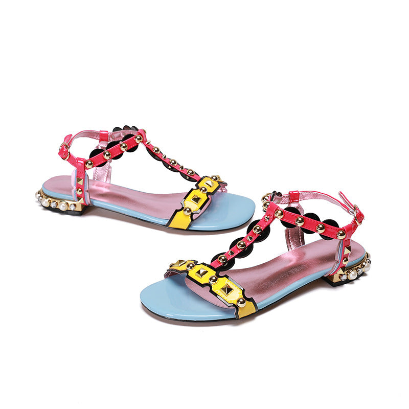 Multicolored Sandals With Straps And Rivet Ornaments