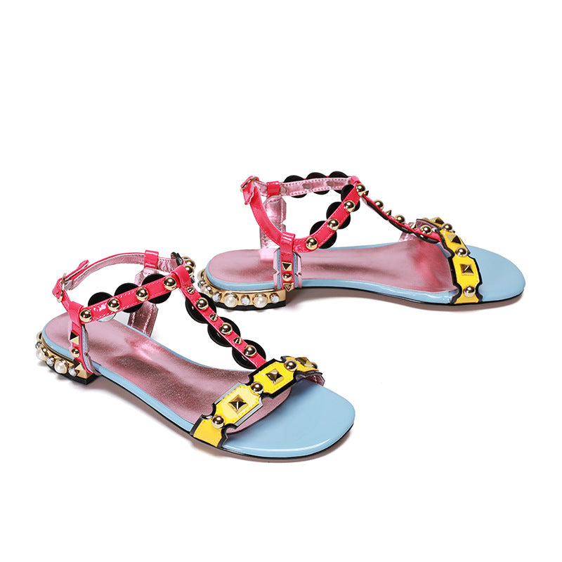 Multicolored Sandals With Straps And Rivet Ornaments