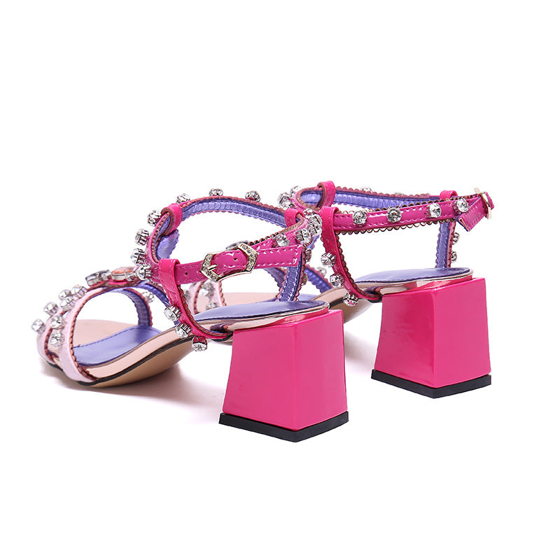 Beaded T-Strap Open Toe Pink Shoes