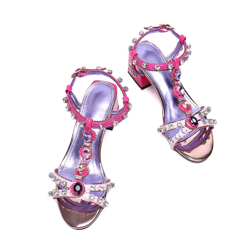 Beaded T-Strap Open Toe Pink Shoes