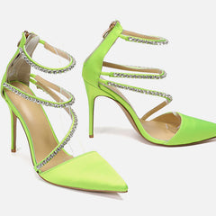 Neon Green Satin Crystal Pointed Toe Pumps