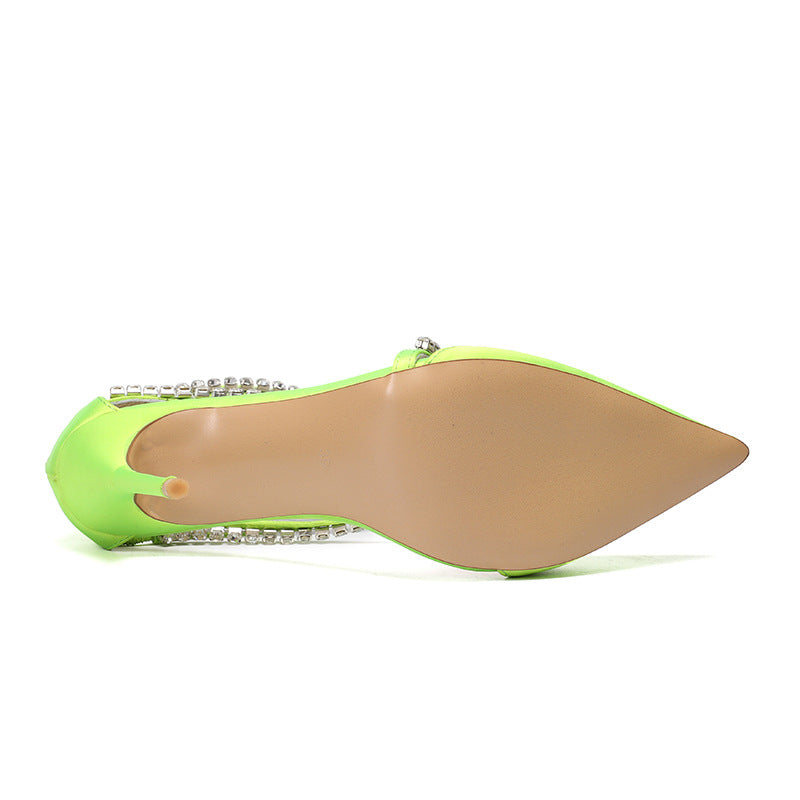 Neon Green Satin Crystal Pointed Toe Pumps