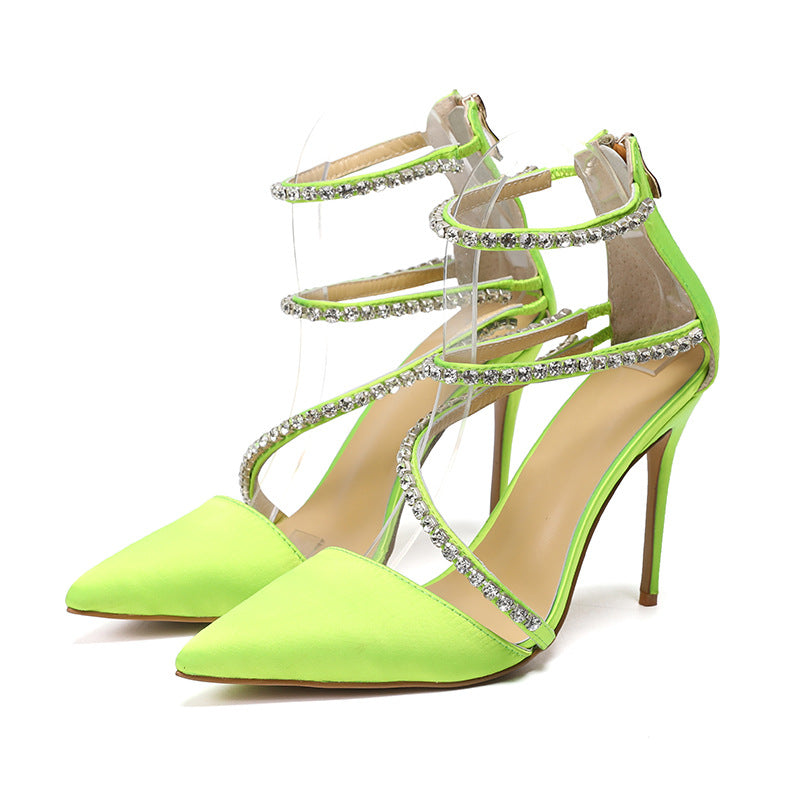 Neon Green Satin Crystal Pointed Toe Pumps