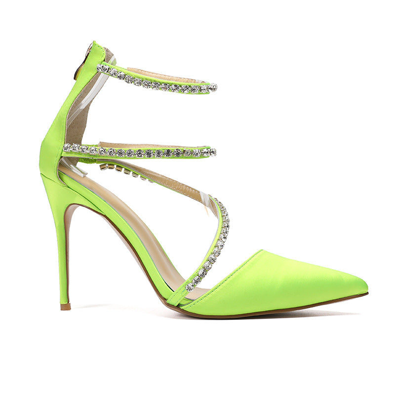 Neon Green Satin Crystal Pointed Toe Pumps