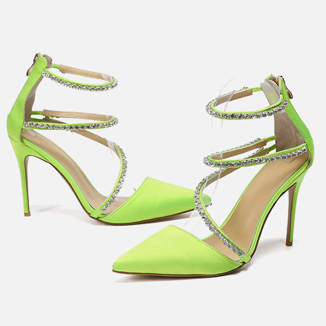 Neon Green Satin Crystal Pointed Toe Pumps