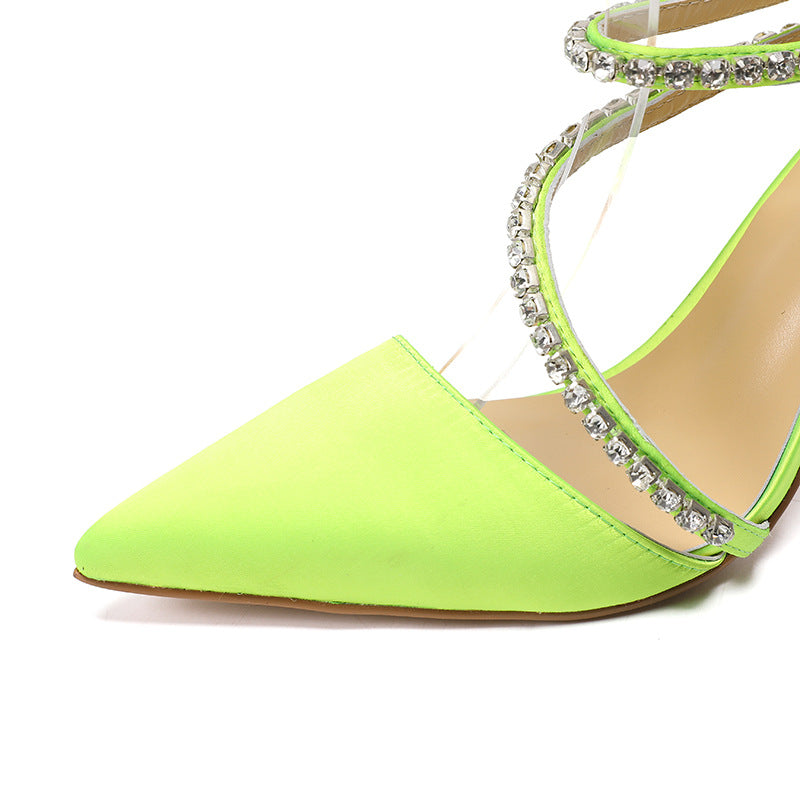 Neon Green Satin Crystal Pointed Toe Pumps