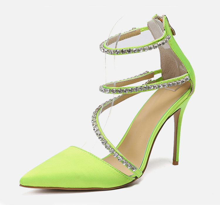 Neon Green Satin Crystal Pointed Toe Pumps